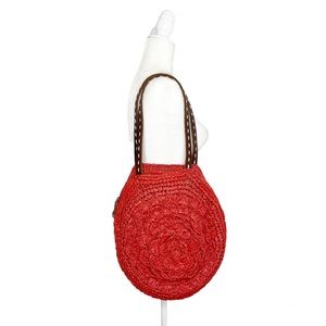 Anthropologie Lucky Penny Purse Raffia Straw Circle Handbag Zip Leather Straps